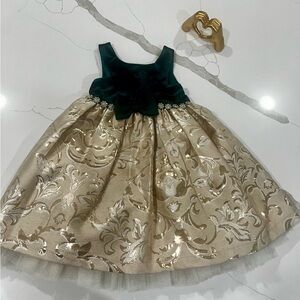American Princess 3T Emerald Green Velvet Gold Brocade Holiday Party Dress Bow